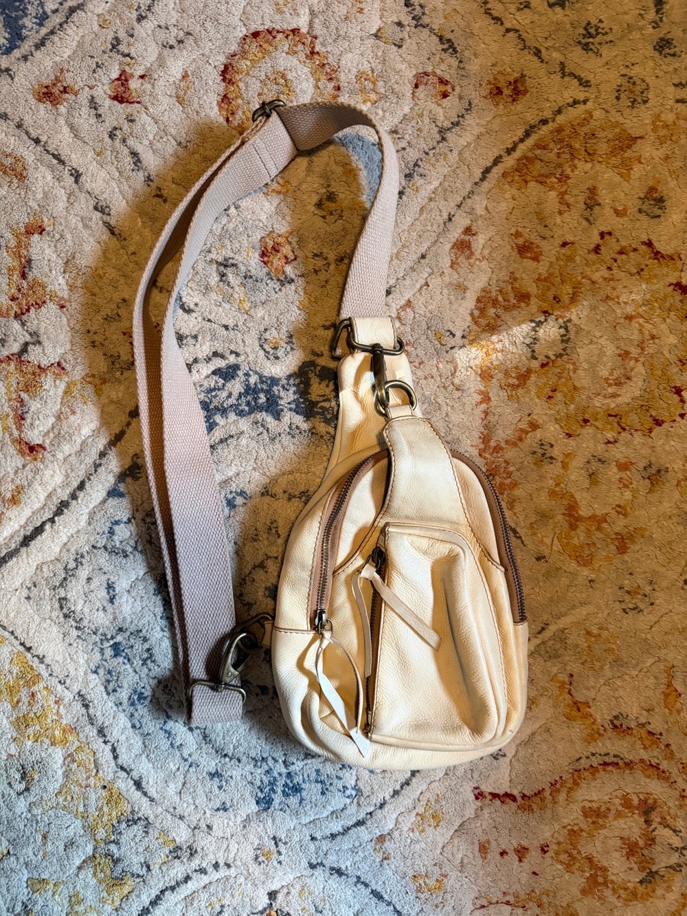 Free People Cream Leather Crossbody Sling with Adjustable Canvas Strap